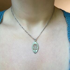 Silver Oval Flower Pendant Necklace